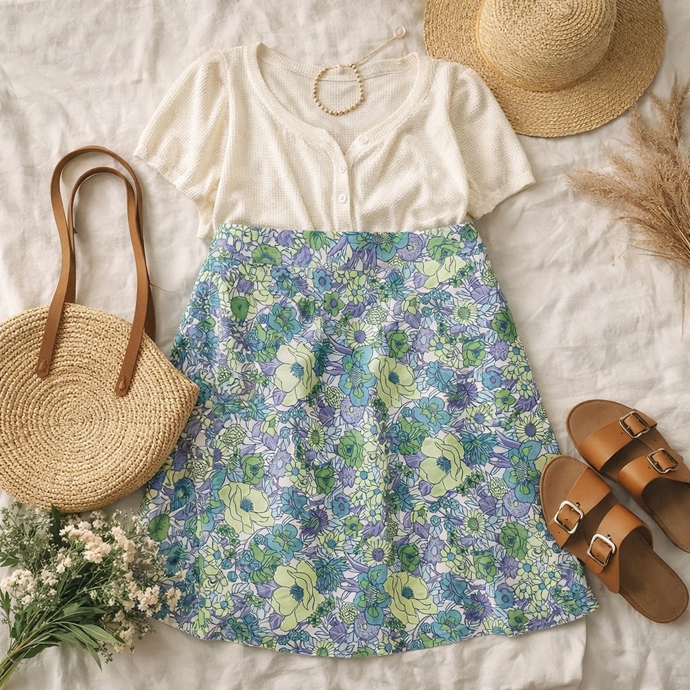 Liz & Co Floral‎ 100% Cotton A Line Skirt Green Garden Cottagecore Size 14